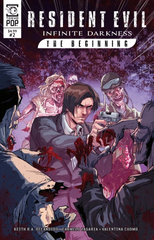 Comic book cover for "Resident Evil: Infinite Darkness - The Beginning" Issue #2, published by Tokyopop. In the center, Leon S. Kennedy stands in a sharp, light-colored suit jacket and white dress shirt, looking focused and determined as he aims a silver handgun to the right. He is completely surrounded by a horde of aggressive, decayed zombies with blood-stained hands reaching toward him. The background is a hazy, textured dark purple, giving the scene a chaotic and tense atmosphere.
