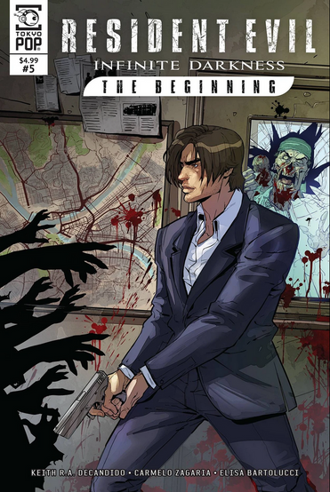 A comic book cover for Resident Evil: Infinite Darkness - The Beginning #5 features a central illustration of Leon S. Kennedy in a sharp, dark blue suit, holding a silver handgun and looking tensely to the side. He is positioned in a gritty room where blood is splattered across a wall map of Pittsburgh and a cracked glass window, through which a snarling zombie in a green hospital hairnet is visible. Dark, silhouetted zombie hands reach aggressively into the frame from the left side, adding to the claustrophobic danger. The top of the cover displays the TOKYOPOP logo, the price and issue number, and the stylized main title text, while the bottom lists the creators: Keith R.A. DeCandido, Carmelo Zagaria, and Elisa Bartolucci.