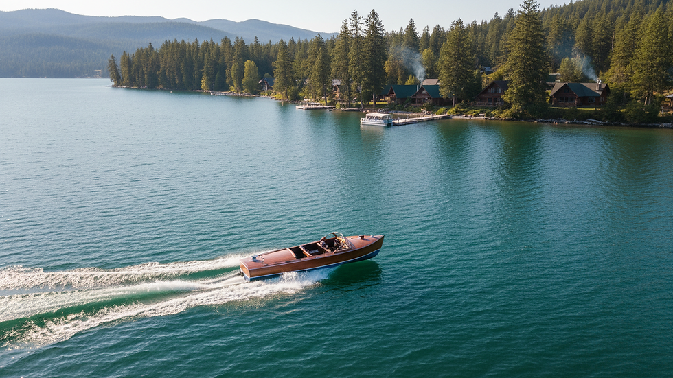 High angle view of a speedboat cutting through Shuswap Lake waters on a sunny day