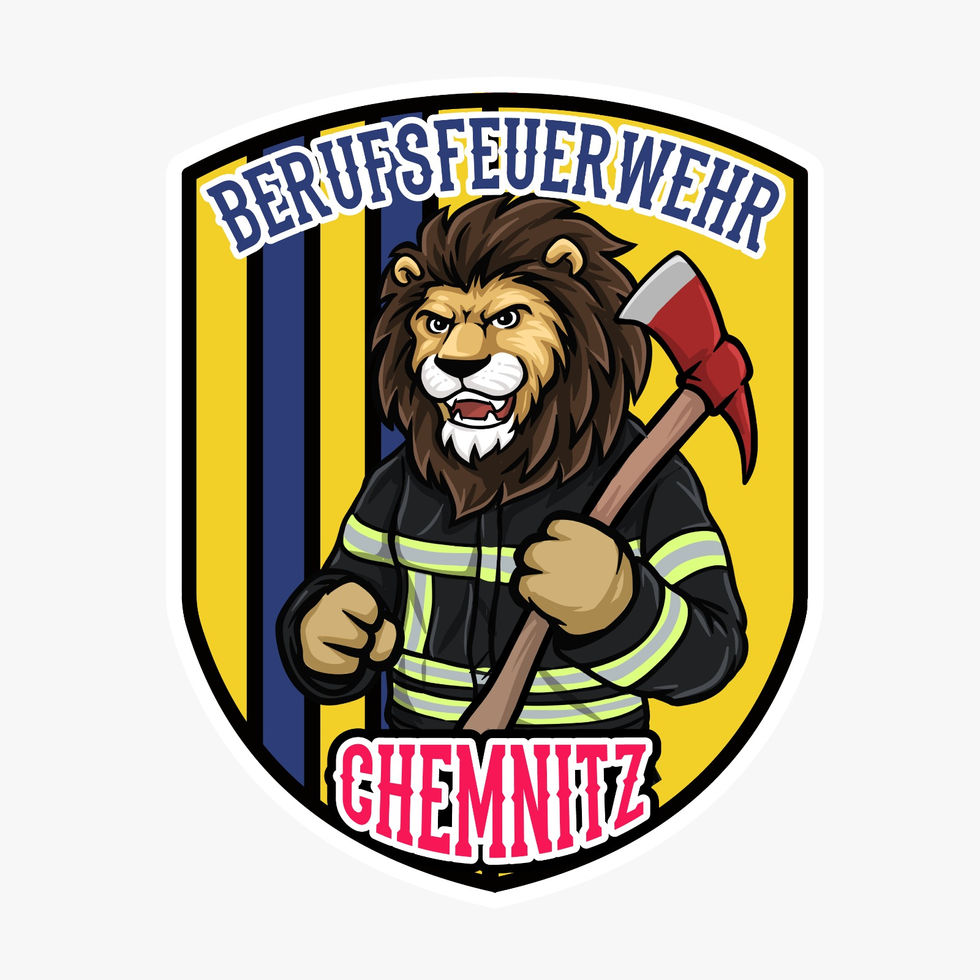 Patch Berufsfeuerwehr Chemnitz – Löwe im Feuerwehranzug mit roter Axt vor gelb-blauem Hintergrund, Stadtnamen Chemnitz in roter Schrift
