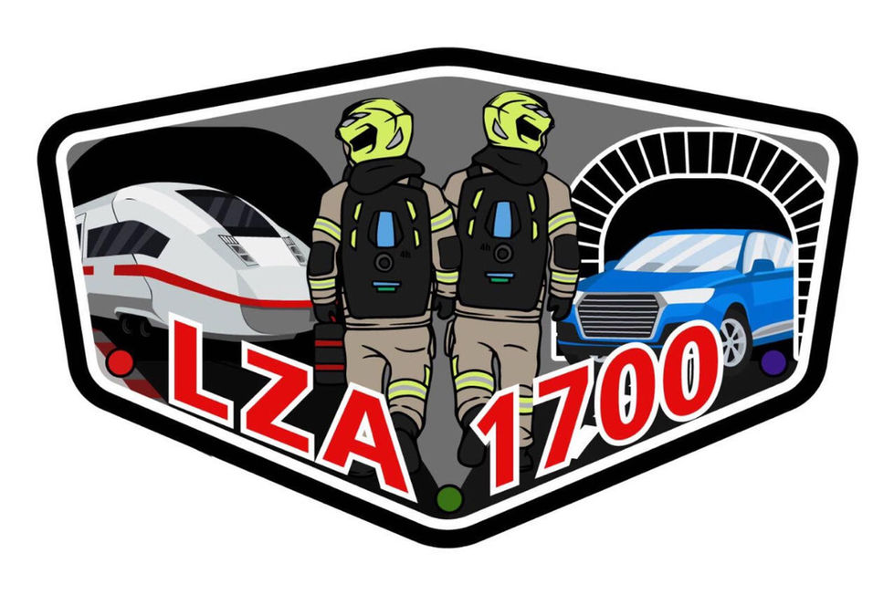 Patch Berufsfeuerwehr Berlin Tiergarten – Langzeitatmer-Einheit mit zwei Feuerwehrleuten, ICE-Zug, Tunnel und Auto, Aufschrift LZA 1700.