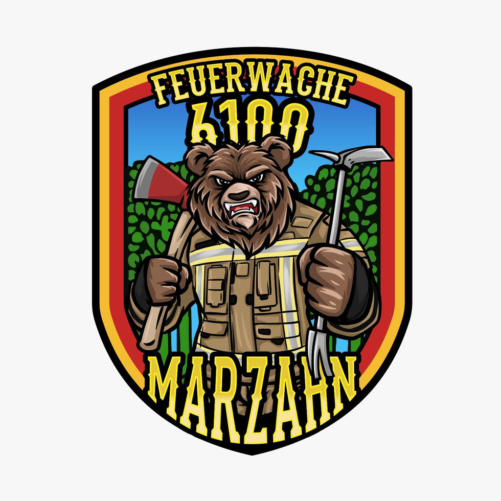 Patch Berufsfeuerwehr Berlin Marzahn 6100 – Feuerwehrbär mit Axt und Halligan-Tool vor grünem Hintergrund, gelbe Schrift, Wache FW 6100