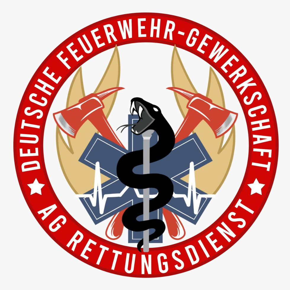 Patch DFeuG AG Rettungsdienst – rotes Rundwappen mit Äskulapstab, schwarzer Schlange, Star of Life, Herzlinie, goldenen Flügeln und Feuerwehräxten