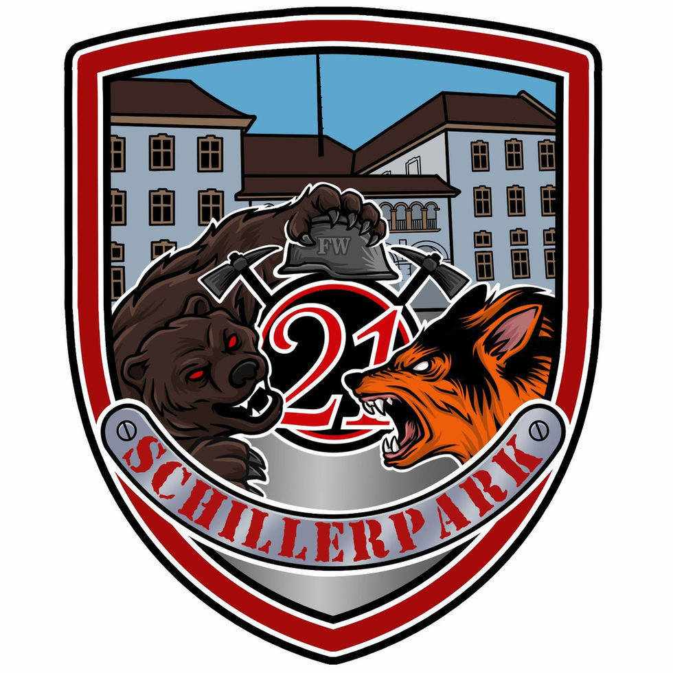 Feuerwehr Patch Berufsfeuerwache Berlin Schillerpark 2100 – Bär und Fuchs mit gekreuzten Äxten, Helm mit FW, Gebäudekulisse, rot-schwarzes Emblem für Feuerwehrfans.