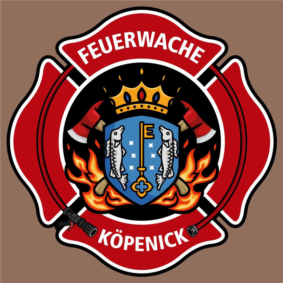 Patch Berufsfeuerwehr Berlin Köpenick 5400 – Stadtwappen mit Schlüssel und Fischen, rote Flammen, Äxte und Schlauchsymbol auf Feuerwehr-Maltese-Kreuz