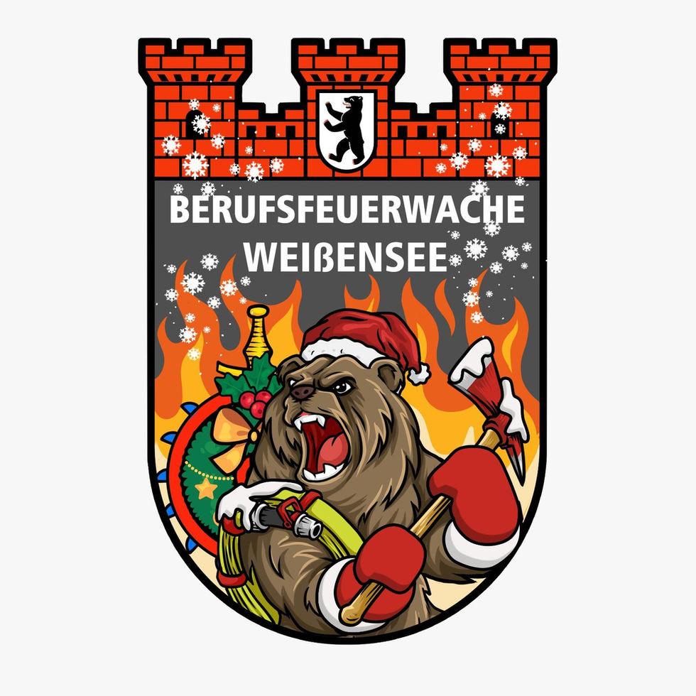 Weihnachtspatch Berufsfeuerwehr Berlin Weißensee 6300 – Berliner Bär mit Weihnachtsmütze, Feuer, Schnee, Geschenke und Axt im Stadtwappenstil