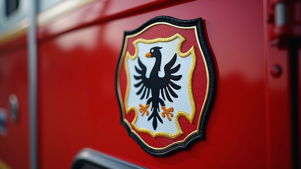 Nahaufnahme eines Feuerwehr-Patches mit dem Stadtwappen und dem Slogan „Gemeinsam stark“