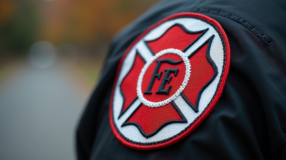 Nahaufnahme eines individuell gestalteten Patches mit einem Feuerwehrsymbol und dem Stadtwappen