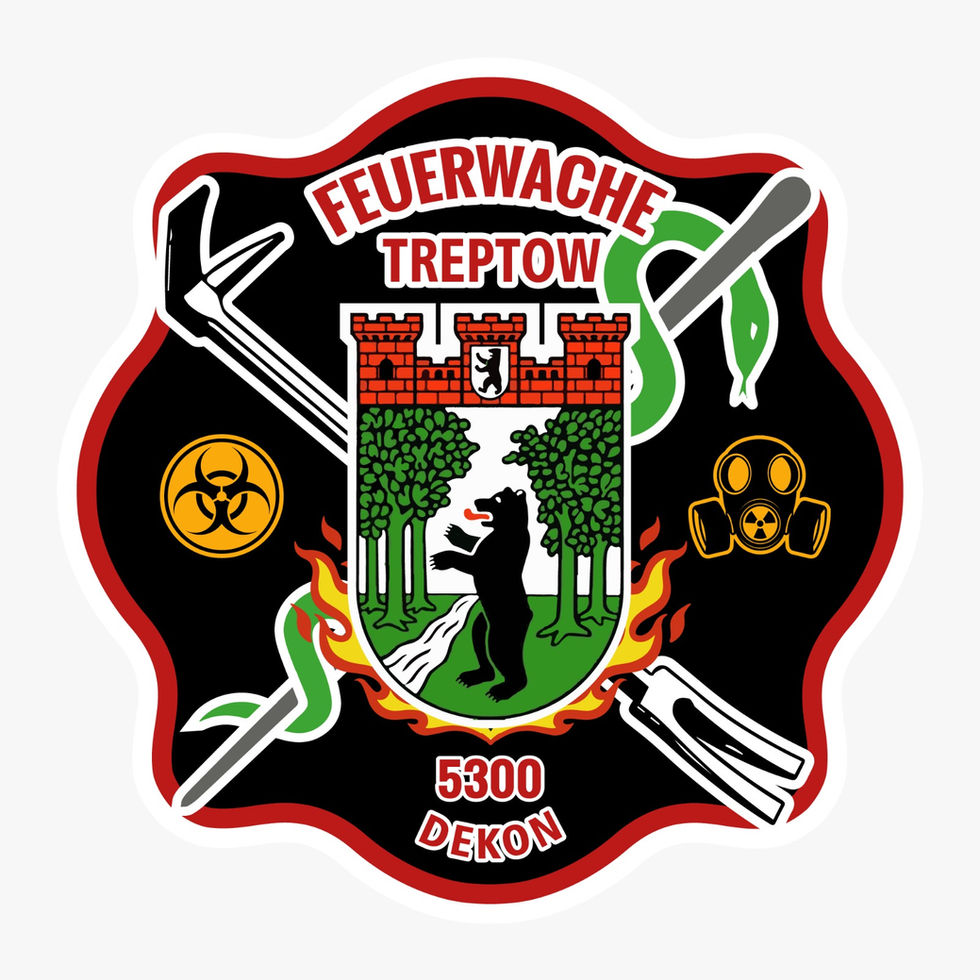 Patch Berufsfeuerwehr Berlin Treptow 5300 DEKON – Wappen Treptow, Biohazard-Zeichen, Gasmaske, Giftschlange und Feuerwehrwerkzeuge, Sonderaufgabe CBRN
