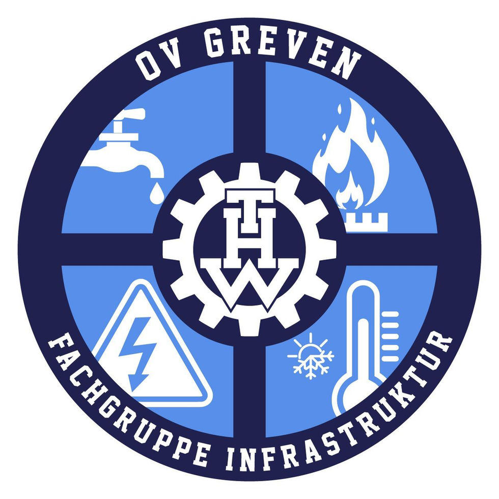 Patch THW OV Greven Fachgruppe Infrastruktur – Zahnrad mit THW-Logo, Symbole für Strom, Wasser, Gas, Temperatur, in Blau-Weiß gehalten.