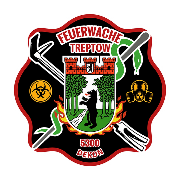 Feuerwehr Patch Feuerwache Treptow 5300 Berlin – individuelles PVC Patch Design mit DEKON-Elementen, Biohazard, Gasmaske und