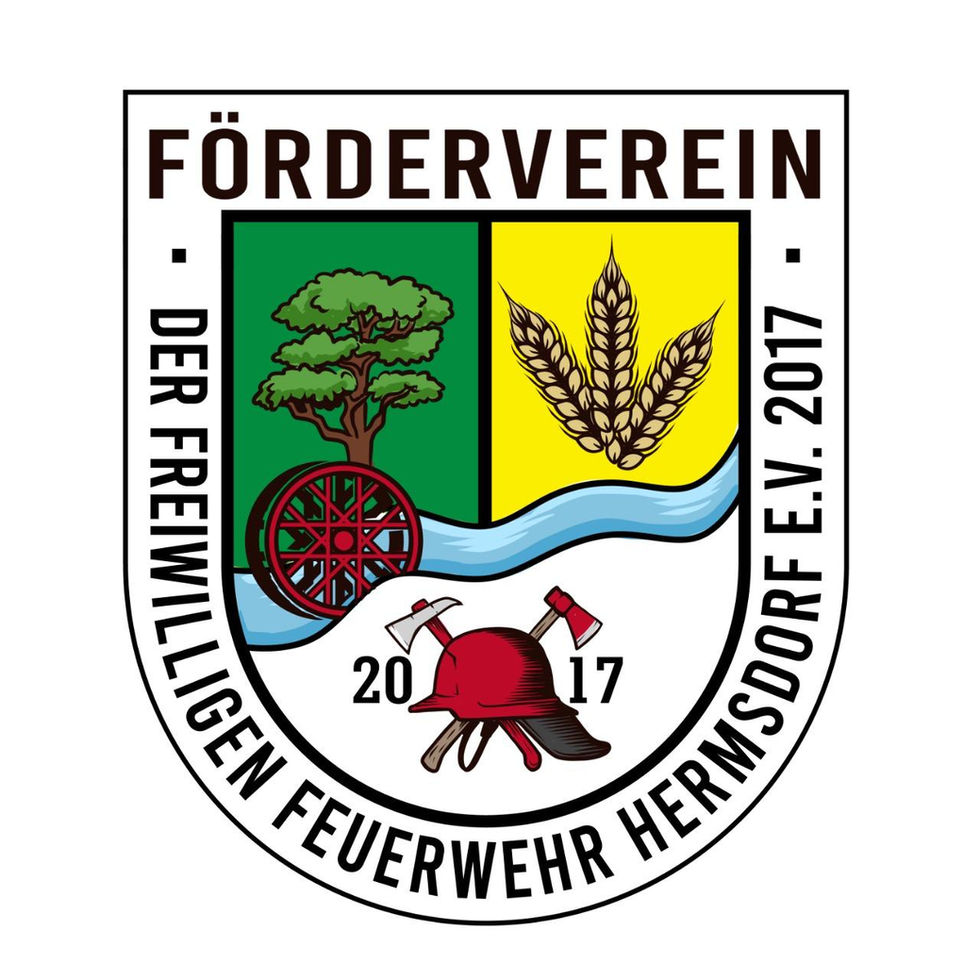 Patch Förderverein Freiwillige Feuerwehr Hermsdorf – Baum, Wasserrad, Weizenähre, roter Feuerwehrhelm mit Äxten, Jahreszahl 2017, schwarz-weißes Wappenrand.