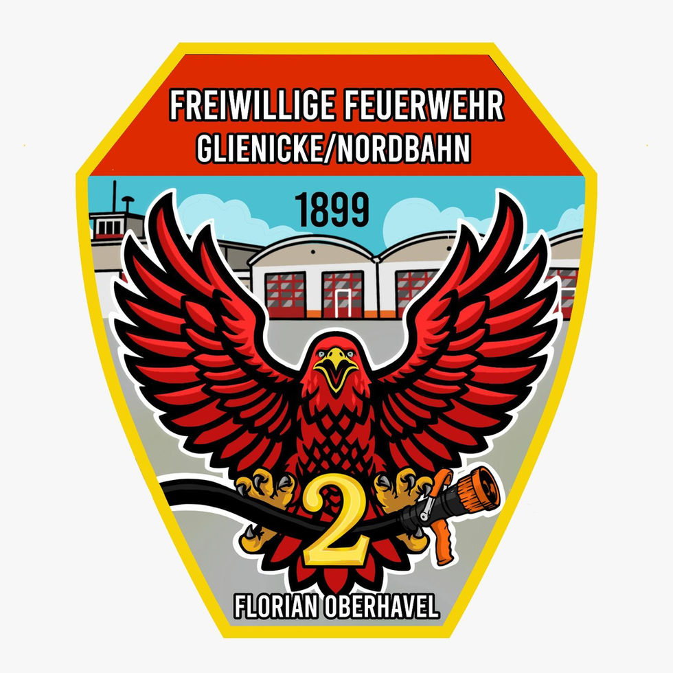Patch Freiwillige Feuerwehr Glienicke Nordbahn – roter Adler vor Gerätehaus, Feuerwehrschlauch, Strahlrohr und Jahreszahl 1899, Gruppe 2 Florian Oberhavel