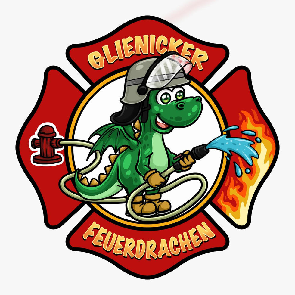 Patch Kinderfeuerwehr Glienicke – grüner Feuerwehrdrache mit Helm und Schlauch, rotes Feuerwehrkreuz, Schriftzug Glienicker Feuerdrachen