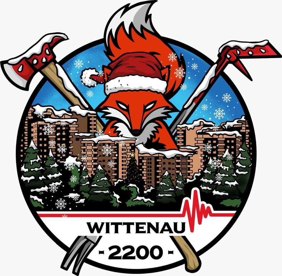 Weihnachtspatch Berufsfeuerwehr Berlin Wittenau 2200 – roter Fuchs mit Weihnachtsmütze, Schnee, Skyline, Tannen und Äxte, X-MAS Sonderedition