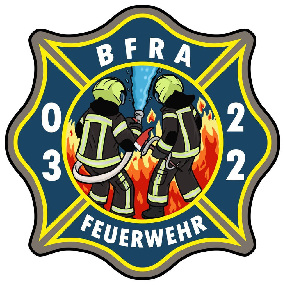 Patch Berliner Feuerwehr Ausbildung – BFRA 03/22, zwei Feuerwehrleute mit Strahlrohr vor Flammen, blau-gelber Rand, Schriftzug Feuerwehr.