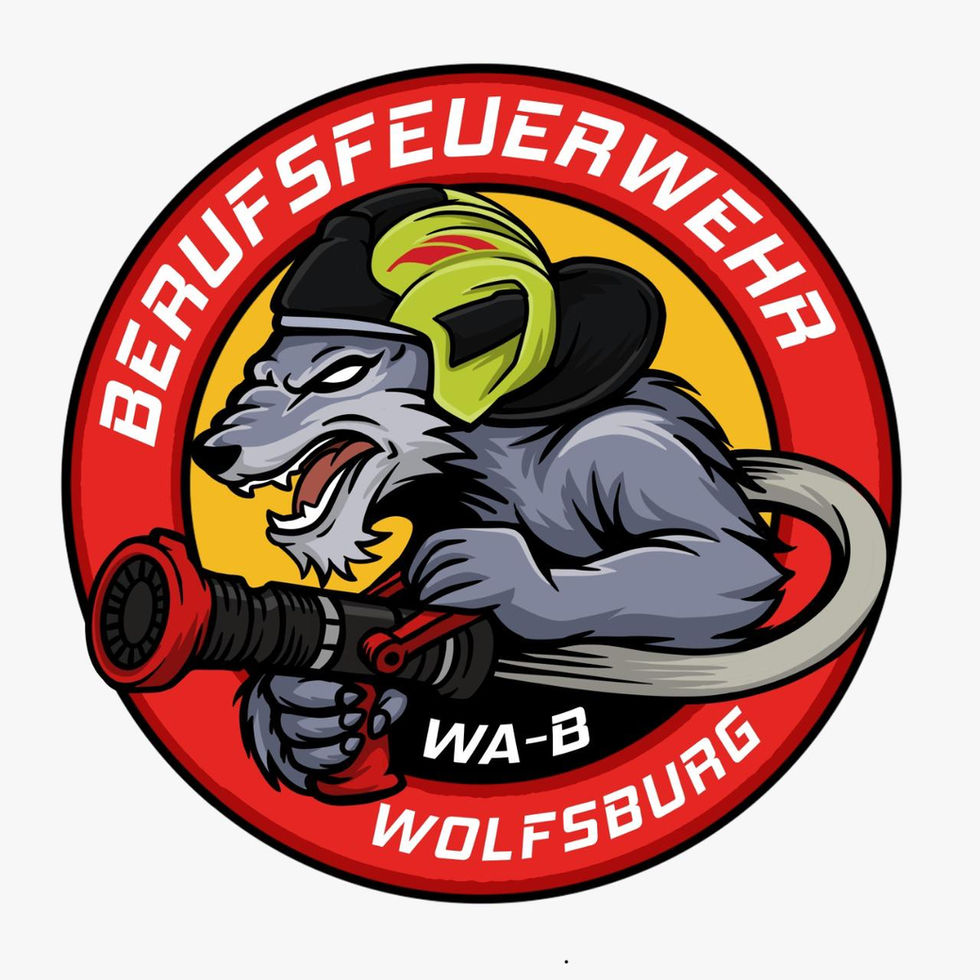 Patch Berufsfeuerwehr Wolfsburg WA-B – Wolf mit Feuerwehrhelm und Strahlrohr im roten Kreis, Symbol für Wachabteilung B