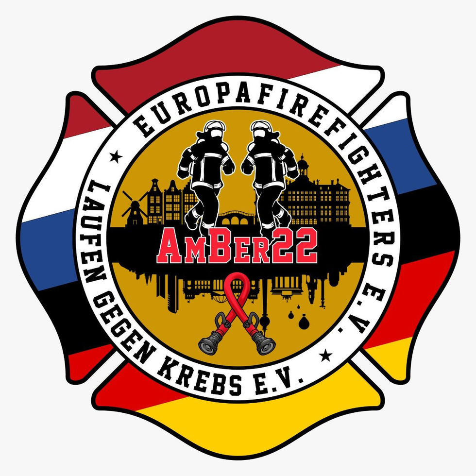 Patch AmBer22 EuropaFireFighters – Feuerwehrleute beim Lauf gegen Krebs, Skyline von Amsterdam/Berlin, Awareness-Schleife mit Atemschutzgerät.