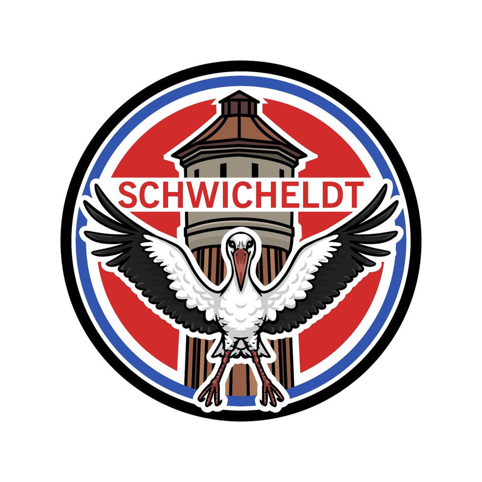 Patch Schwicheldt – Storch mit ausgebreiteten Flügeln vor Wasserturm, roter Hintergrund mit Ortsname, runder Aufnäher in Blau-Rot-Weiß
