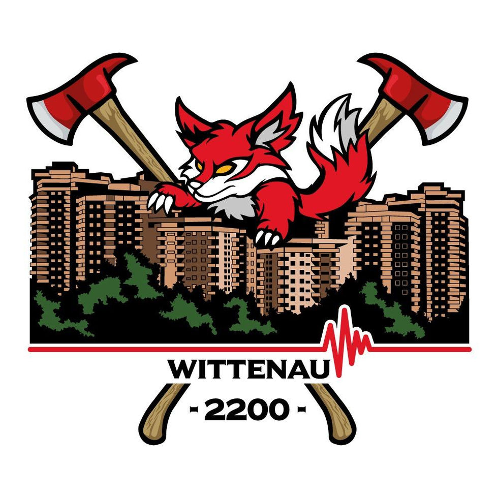 Patch Design Feuerwehr Berlin Wittenau – roter Fuchs mit Feuerwehräxten über Hochhäusern, Herzlinie, Aufschrift Wittenau 2200, urbanes T-Shirt Motiv.