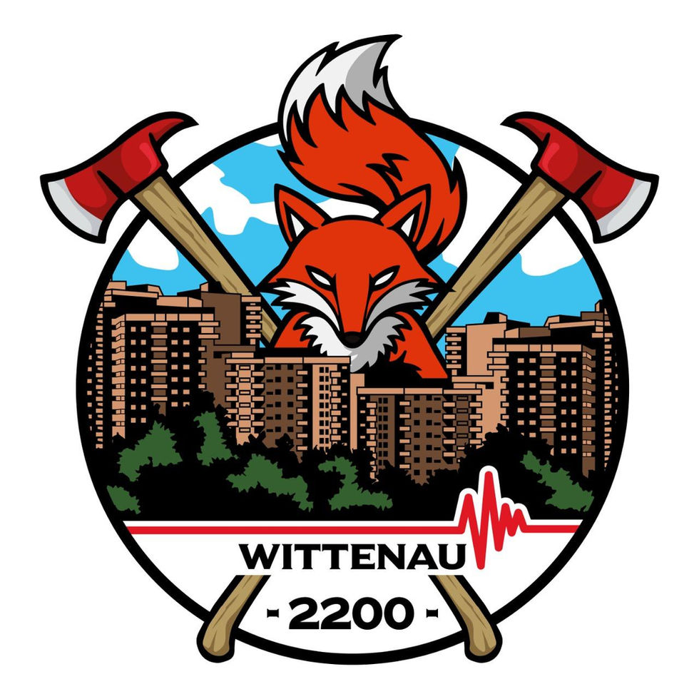 Patch Berufsfeuerwehr Berlin Wittenau 2200 – Fuchs als Reinickendorf-Symbol vor Hochhäusern, gekreuzte Feuerwehräxte und Herzschlaglinie.