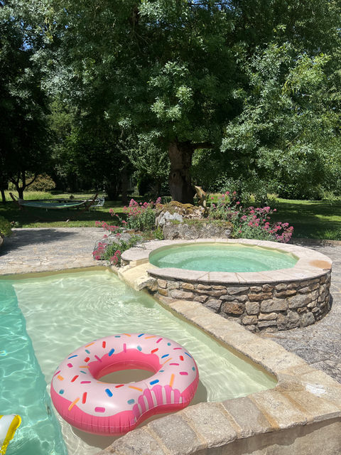Outdoor pool, hot tub, and garden with a donut float