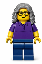 Lego minifigure, female, gray curly hair, glasses, purple shirt, blue pants.