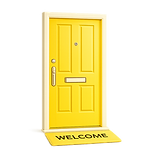 Yellow door with a 'WELCOME' mat