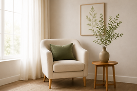 Calm therapy space representing one-to-one somatic coaching, nervous system regulation and emotional wellbeing with Gabriela Zubair.