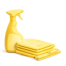 Yellow spray bottle and cleaning cloths