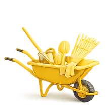 Yellow wheelbarrow with gardening tools