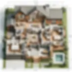 Detailed 2D floor plan of a modern farmhouse featuring 3 bedrooms, 2.5 bathrooms, open concept living room, kitchen, and dining area. The layout includes a spacious outdoor patio, garden area, swimming pool, and garage. The design showcases a blend of rustic and contemporary elements, emphasizing functionality and aesthetic appeal. Ideal for showcasing residential construction projects and architectural designs.
