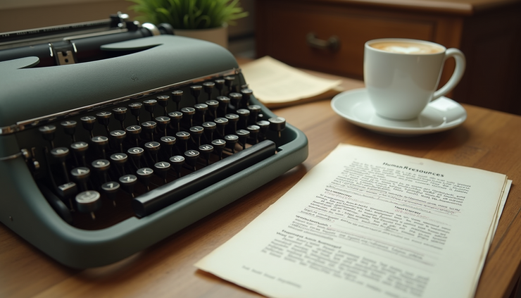 Eye-level view of a vintage typewriter with old HR documents