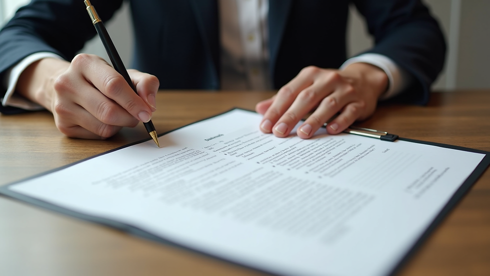 Close-up view of a contract being signed on a wooden table