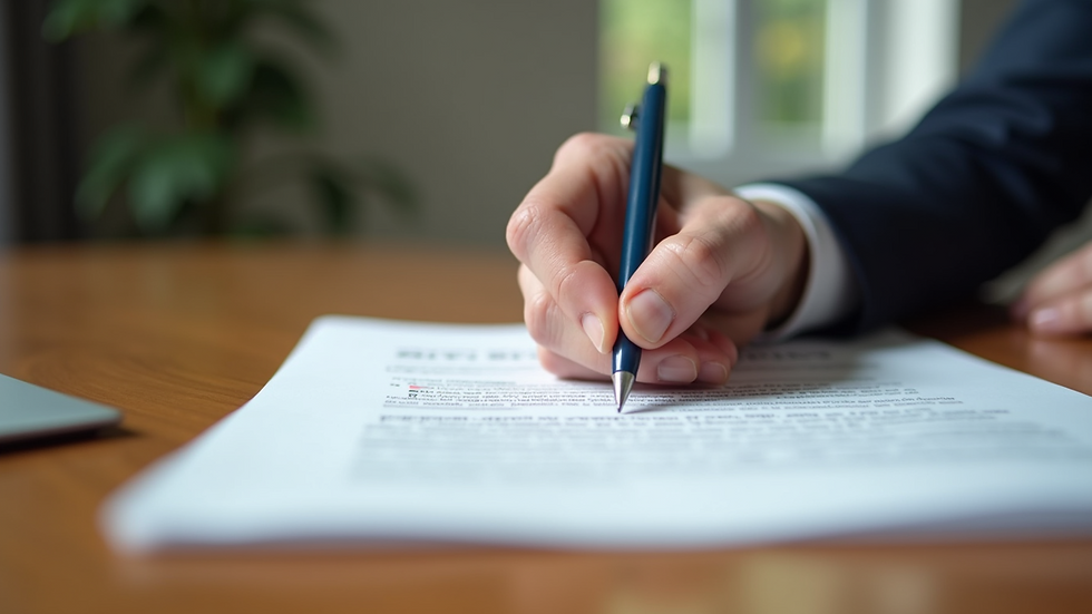 Close-up view of a contract being signed with a pen on a wooden table