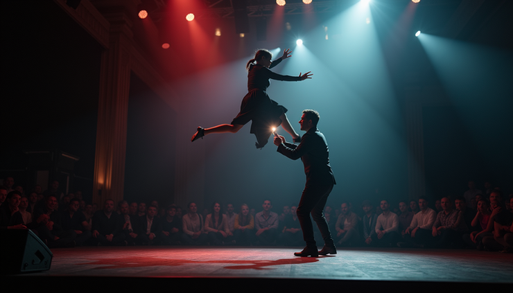 Eye-level view of a magician performing a levitation trick on stage with a floating assistant