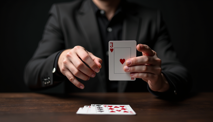 Eye-level view of a magician performing a card trick with close-up focus on the deck