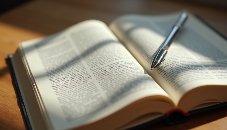 Eye-level view of an open book with highlighted text and a pen on a wooden table