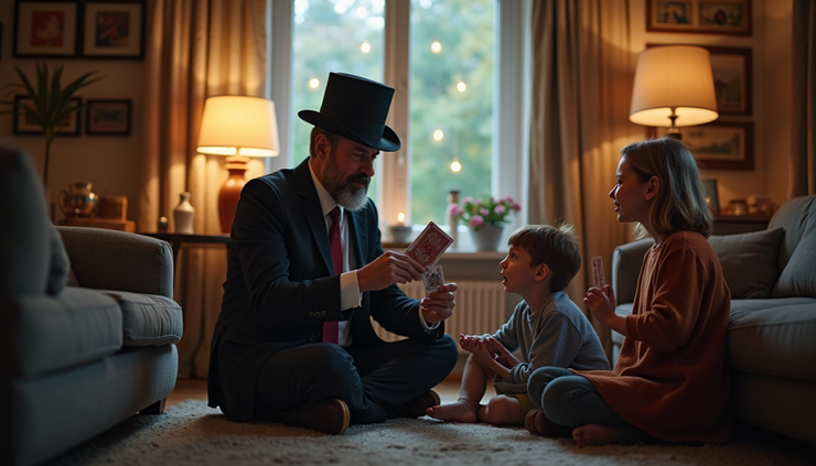 Eye-level view of a magician performing card tricks in a cozy living room
