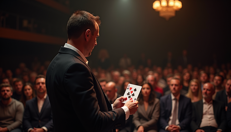 Eye-level view of a magician performing a card trick on stage in Perth