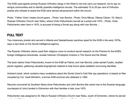 Calgary Herald: "KGB Clerics Spied in Alberta" (10/6/1999)