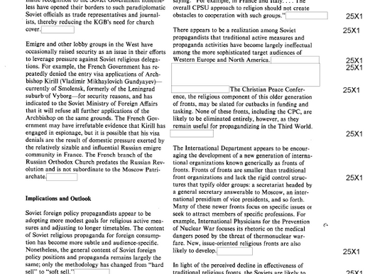 CIA Document: Patriarch Kirill of Moscow, (Vladimir Mikhailovich Gundyayev) KGB Espionage Agent 2013