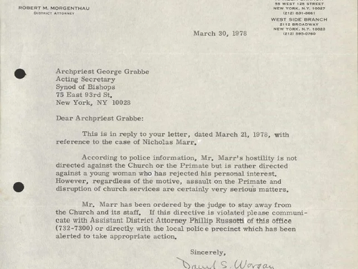 NY District Attorney to Father George Grabbe Concerning Attack on Metropolitan Philaret.