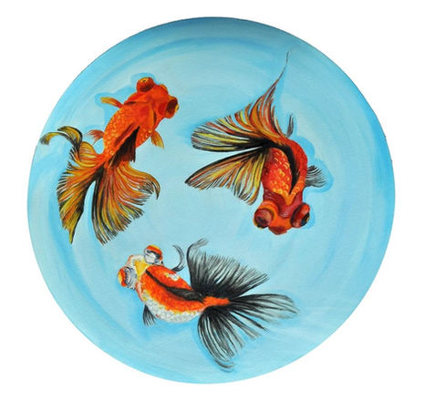 Astrid Link oil painting of fish swimming in a round