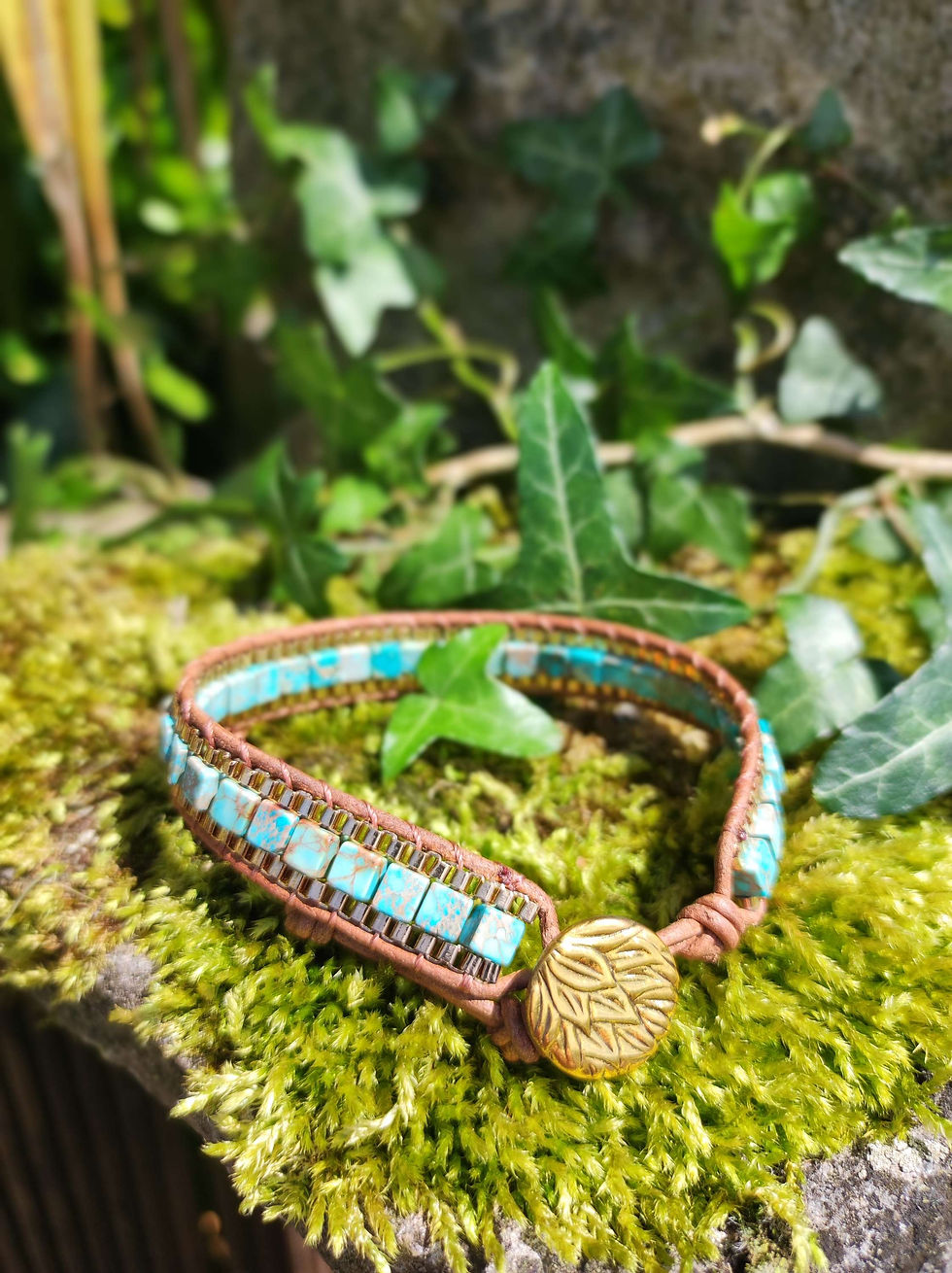 Thumbnail: Blue Jasper Leather Wrap square stone bracelet