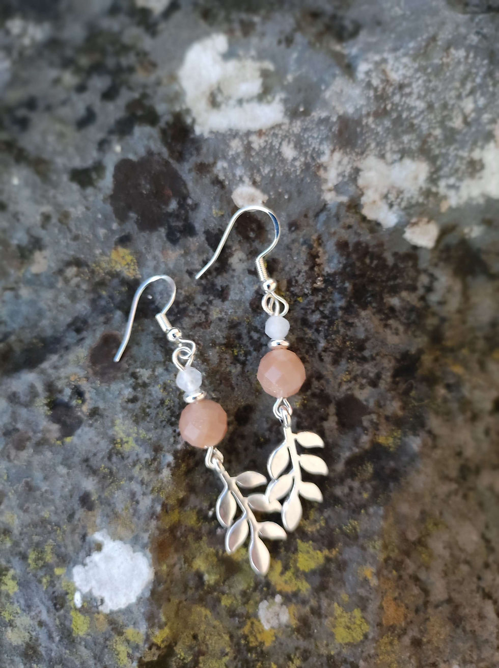 Thumbnail: Faceted Sunstone & White Jade Owl Charm bracelet with leaf earrings 