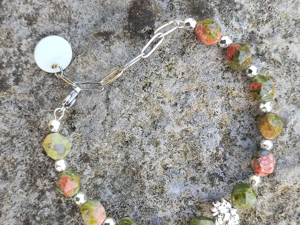 Thumbnail: Unakite and Lotus Flower Bracelet & Earring Set with shell charms