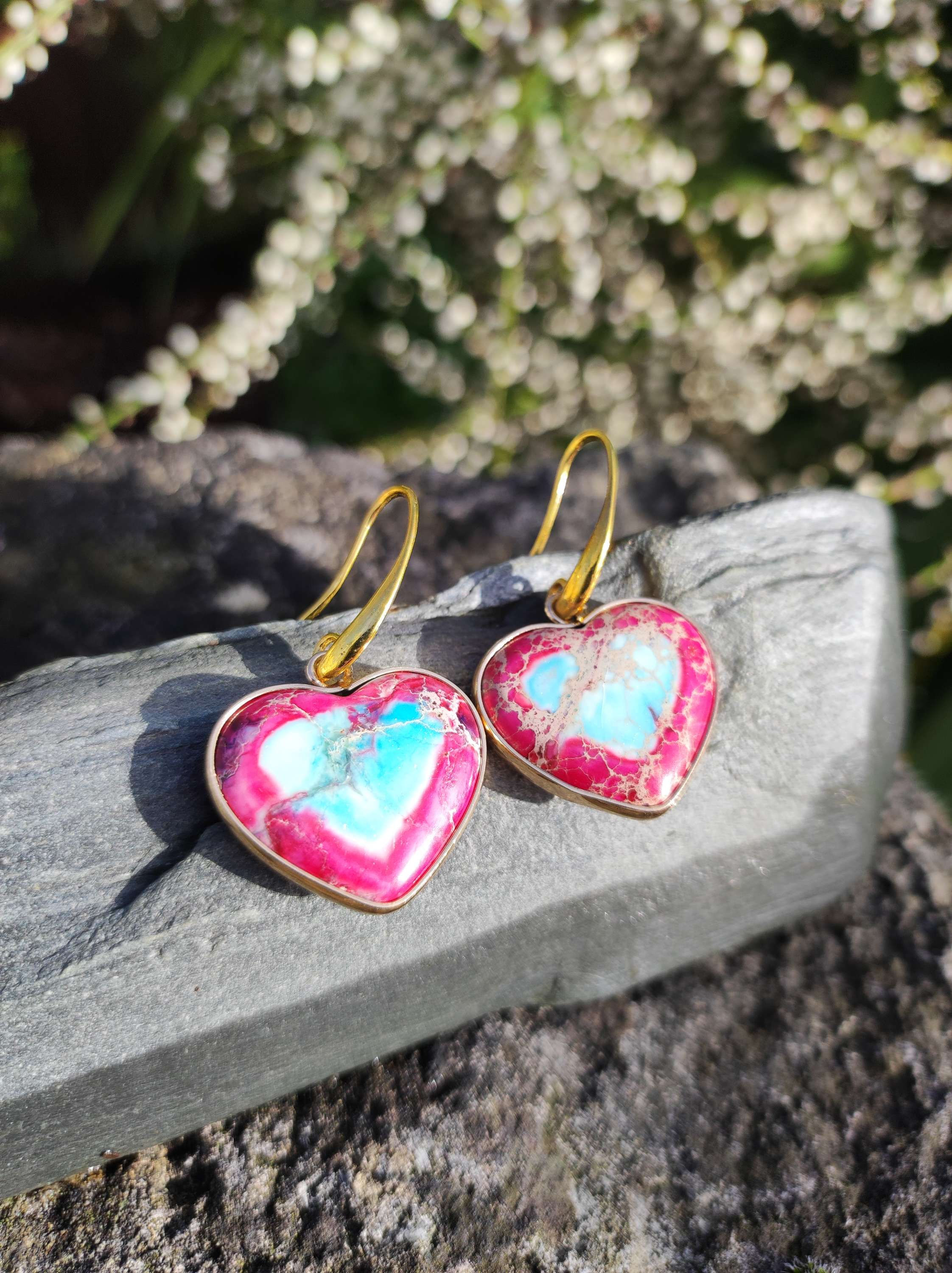 Pink and blue Jasper Heart Earrings