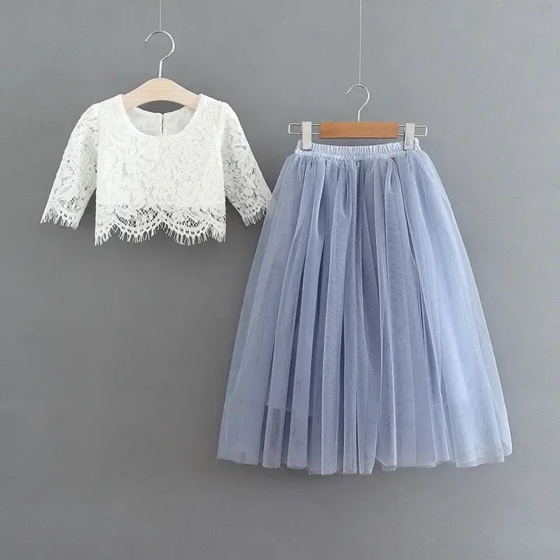 Thumbnail: Sarahlina Girls Half Sleeve Lace Top + Long Skirt