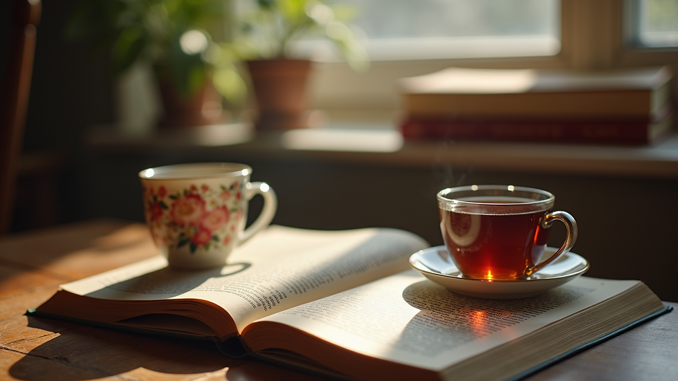 Eye-level view of a cozy reading nook with English books and a cup of tea